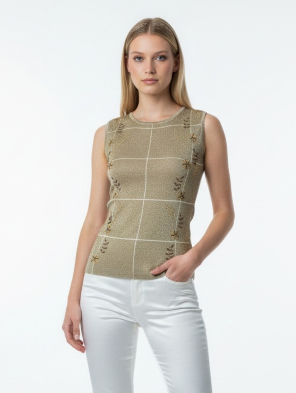 Vintage Metallic Gold Lamé Beaded Sleeveless Top Y2K Whimsigoth Old Money Medium